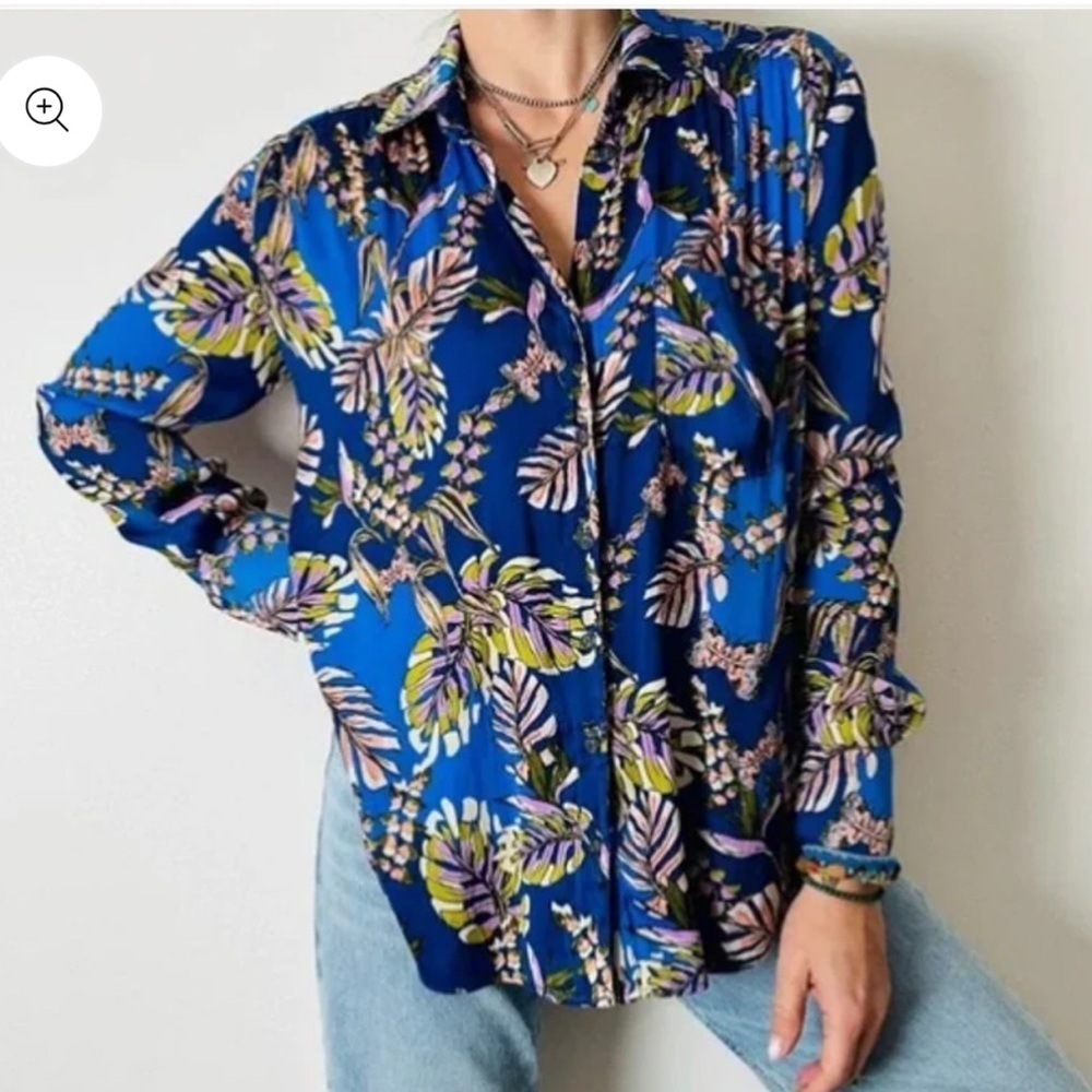 Free People Under the Palms Blue Hawaiian Tropical Boho Satin Button Down Large